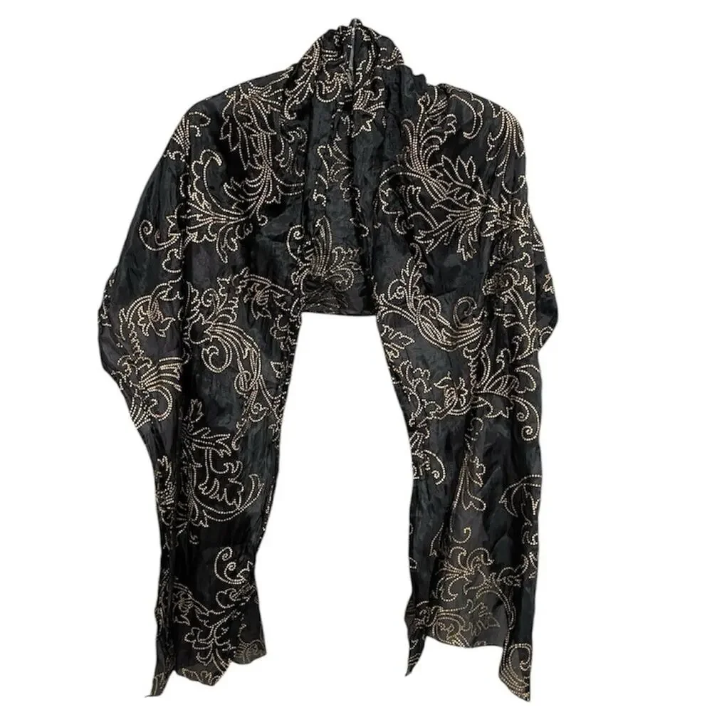 Vintage Vivante VSA Sheer Dot Scroll Silk Scarf Black Gold Metallic Old Money
